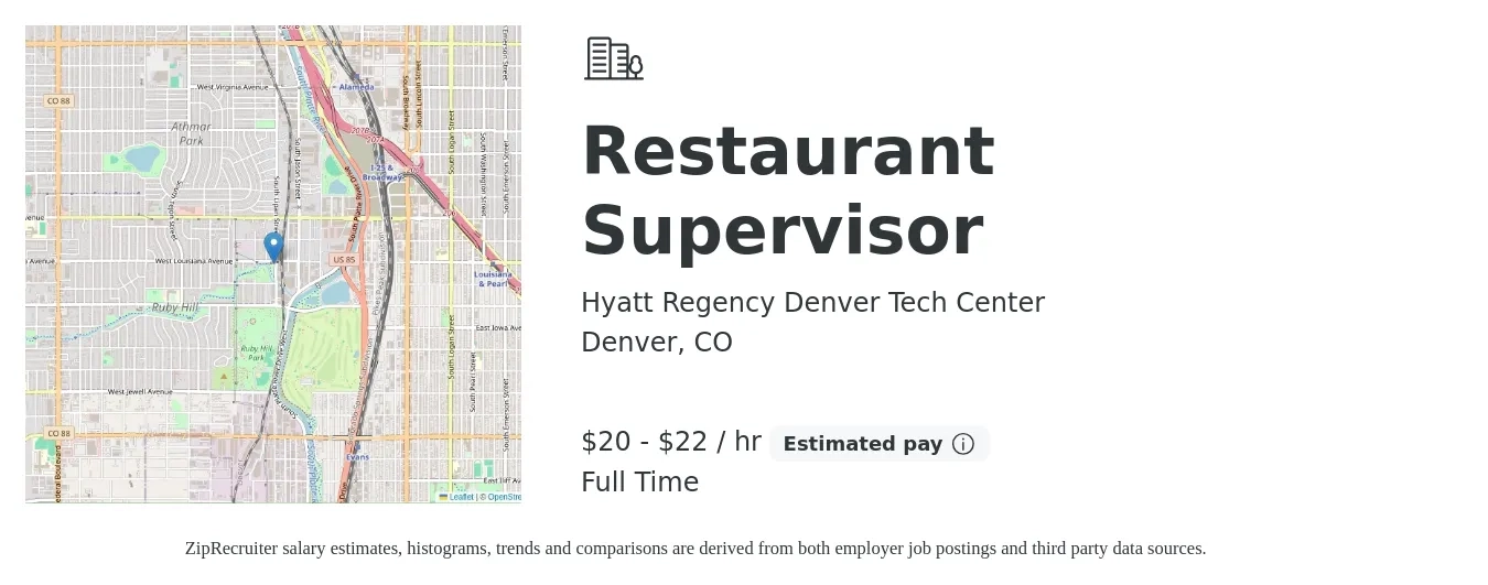 Hyatt Regency Denver Tech Center job posting for a Restaurant Supervisor in Denver, CO with a salary of $22 Hourly with a map of Denver location.