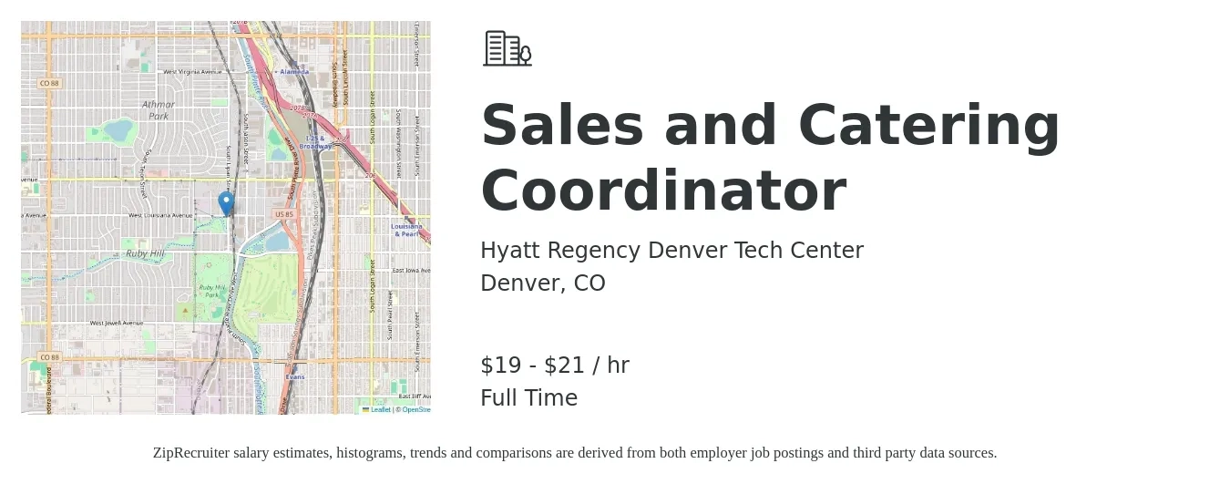 Hyatt Regency Denver Tech Center job posting for a Sales and Catering Coordinator in Denver, CO with a salary of $18 Hourly with a map of Denver location.