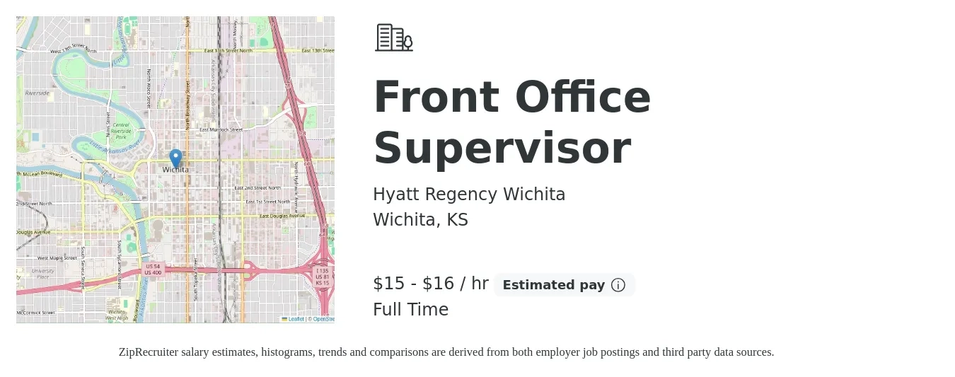 Hyatt Regency Wichita job posting for a Front Office Supervisor in Wichita, KS with a salary of $16 to $17 Hourly with a map of Wichita location.