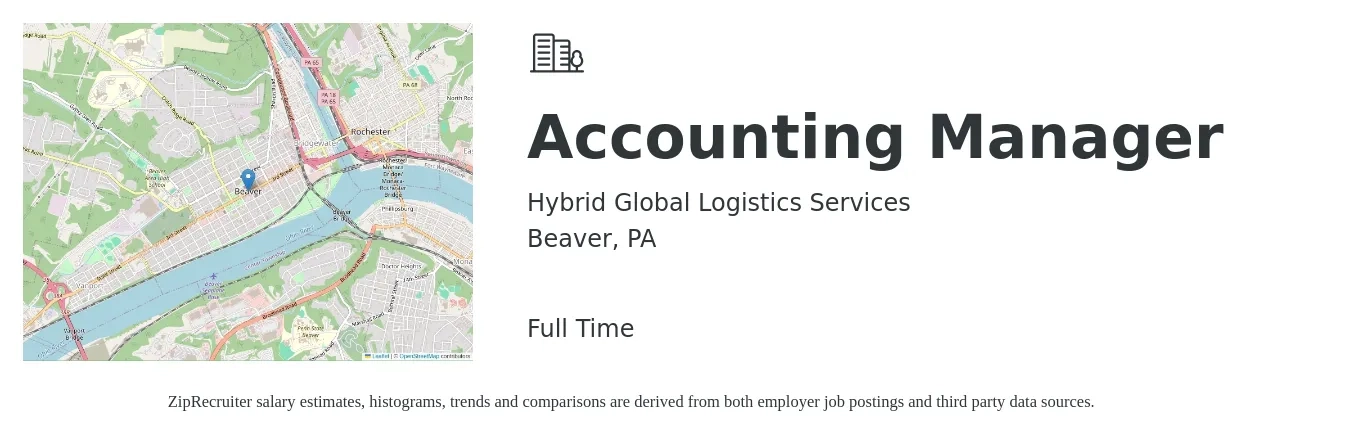 Hybrid Global Logistics Services job posting for a Accounting Manager in Beaver, PA with a salary of $70,600 to $101,300 Yearly with a map of Beaver location.