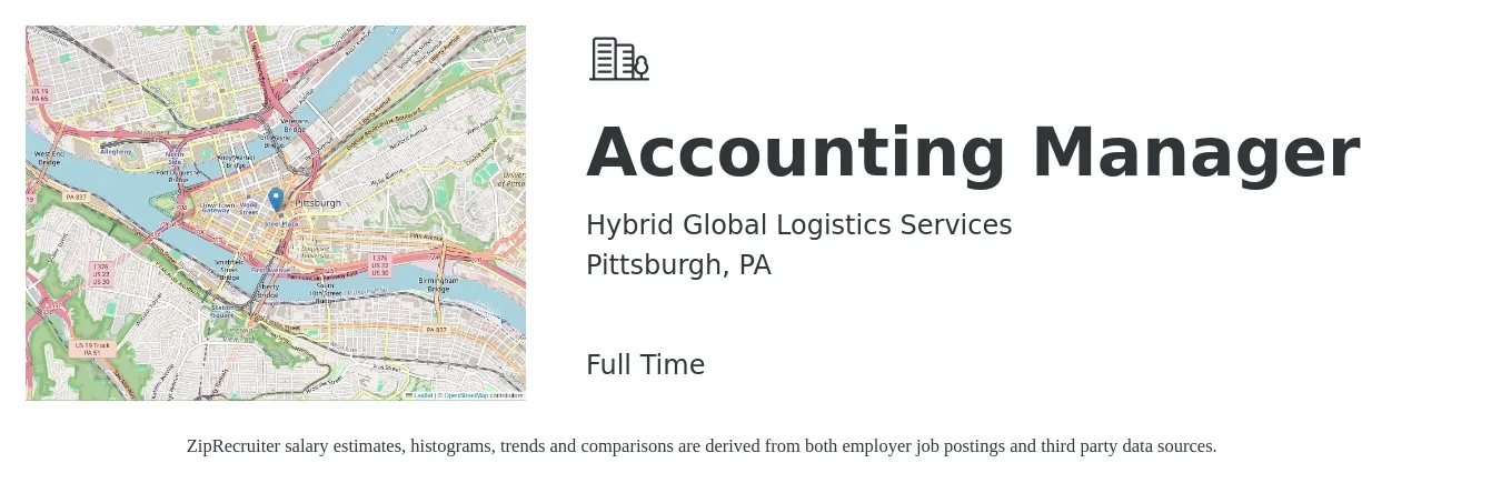 Hybrid Global Logistics Services job posting for a Accounting Manager in Pittsburgh, PA with a salary of $75,700 to $108,700 Yearly with a map of Pittsburgh location.