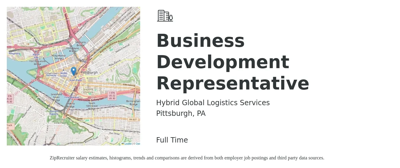 Hybrid Global Logistics Services job posting for a Business Development Representative in Pittsburgh, PA with a salary of $43,700 to $68,000 Yearly with a map of Pittsburgh location.