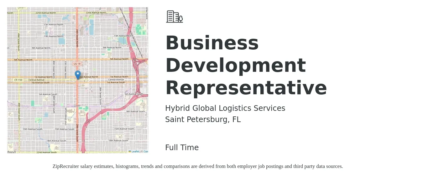 Hybrid Global Logistics Services job posting for a Business Development Representative in Saint Petersburg, FL with a salary of $43,100 to $67,100 Yearly with a map of Saint Petersburg location.