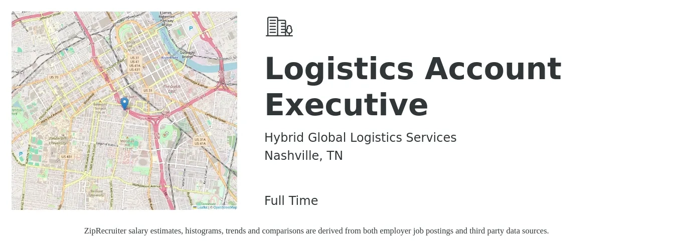 Hybrid Global Logistics Services job posting for a Logistics Account Executive in Nashville, TN with a salary of $43,500 to $68,600 Yearly with a map of Nashville location.