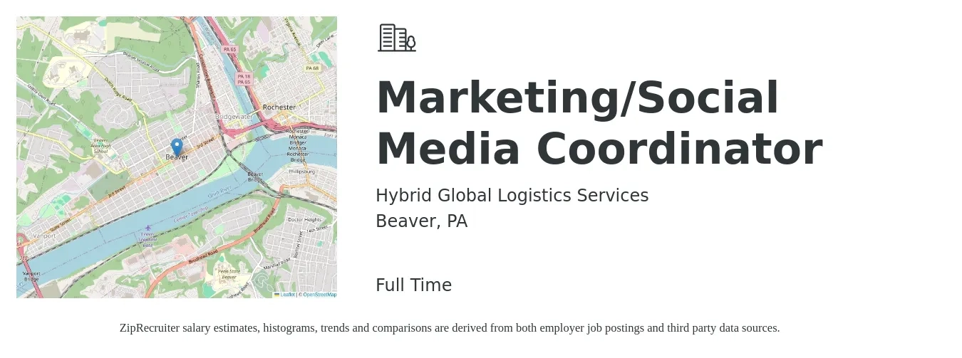 Hybrid Global Logistics Services job posting for a Marketing/Social Media Coordinator in Beaver, PA with a salary of $38,500 to $52,900 Yearly with a map of Beaver location.