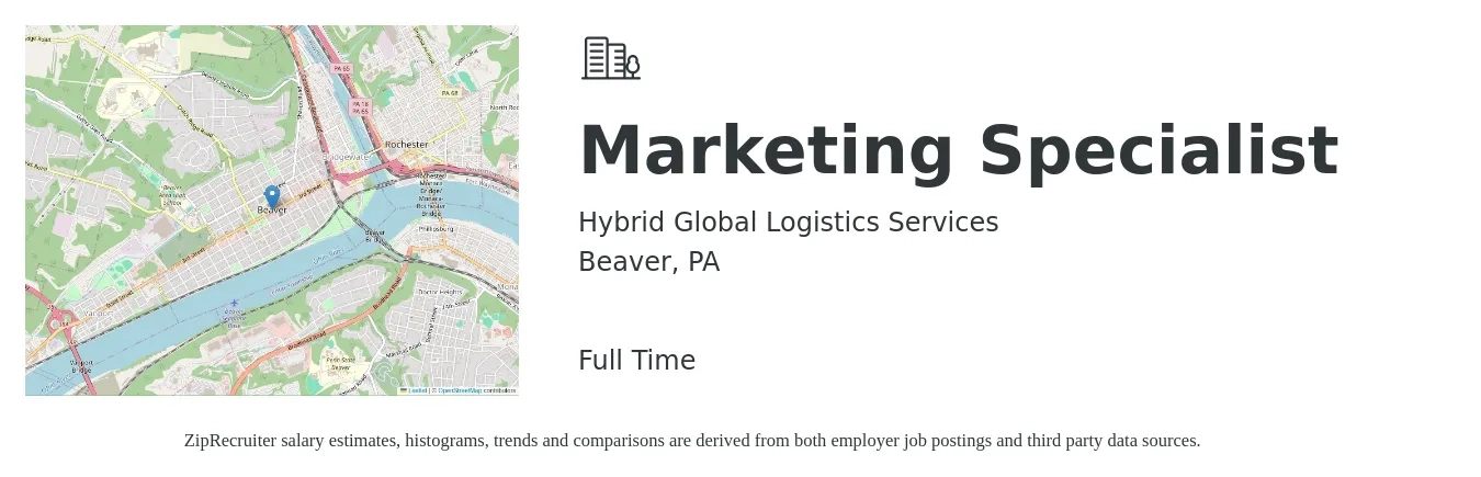 Hybrid Global Logistics Services job posting for a Marketing Specialist in Beaver, PA with a salary of $43,000 to $63,300 Yearly with a map of Beaver location.