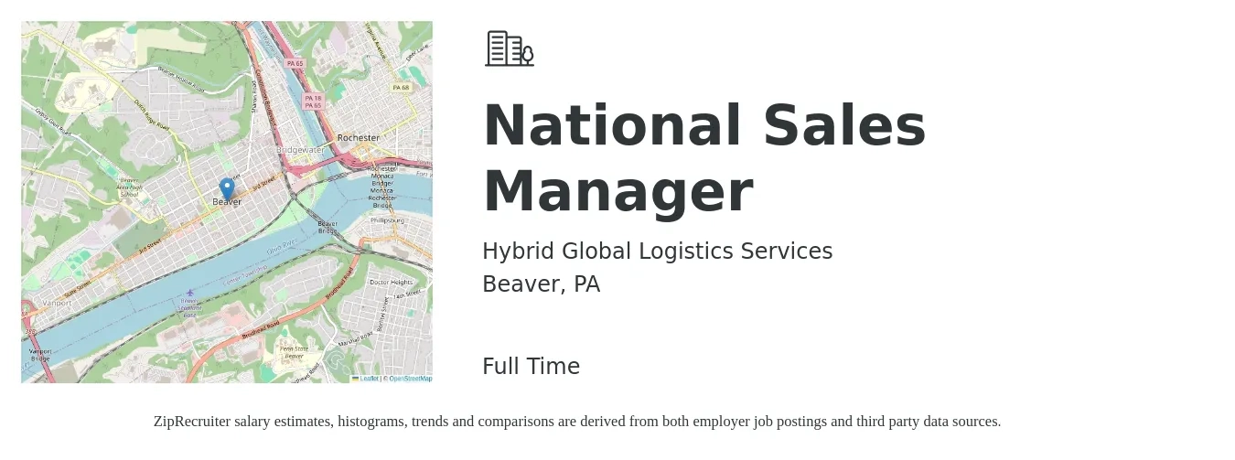 Hybrid Global Logistics Services job posting for a National Sales Manager in Beaver, PA with a salary of $75,600 to $106,300 Yearly with a map of Beaver location.