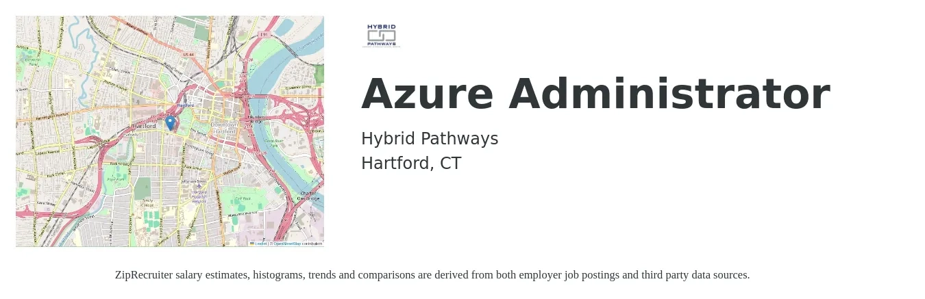 Hybrid Pathways job posting for a Azure Administrator in Hartford, CT with a salary of $45 to $66 Hourly with a map of Hartford location.