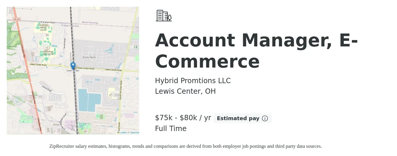 Hybrid Promtions LLC job posting for a Account Manager, E-Commerce in Lewis Center, OH with a salary of $55,000 to $65,000 Yearly with a map of Lewis Center location.