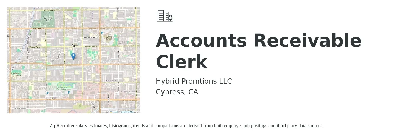 Hybrid Promtions LLC job posting for a Accounts Receivable Clerk in Cypress, CA with a salary of $20 to $22 Hourly with a map of Cypress location.