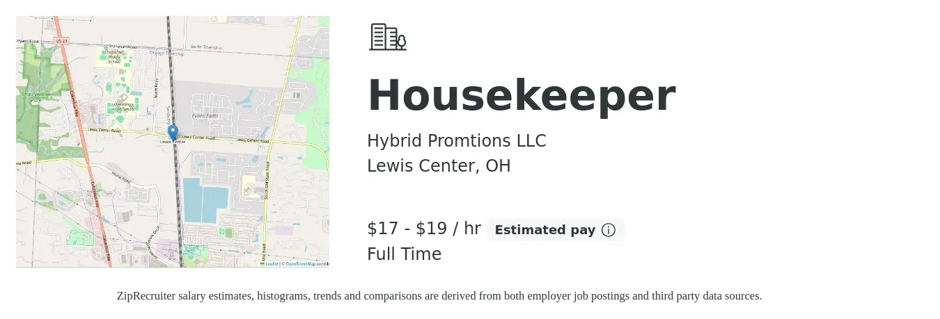Hybrid Promtions LLC job posting for a Housekeeper in Lewis Center, OH with a salary of $18 to $20 Hourly with a map of Lewis Center location.