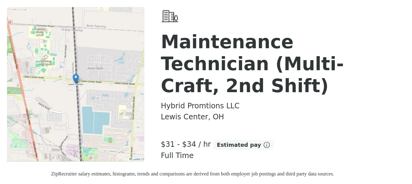 Hybrid Promtions LLC job posting for a Maintenance Technician (Multi-Craft, 2nd Shift) in Lewis Center, OH with a salary of $30 to $32 Hourly with a map of Lewis Center location.