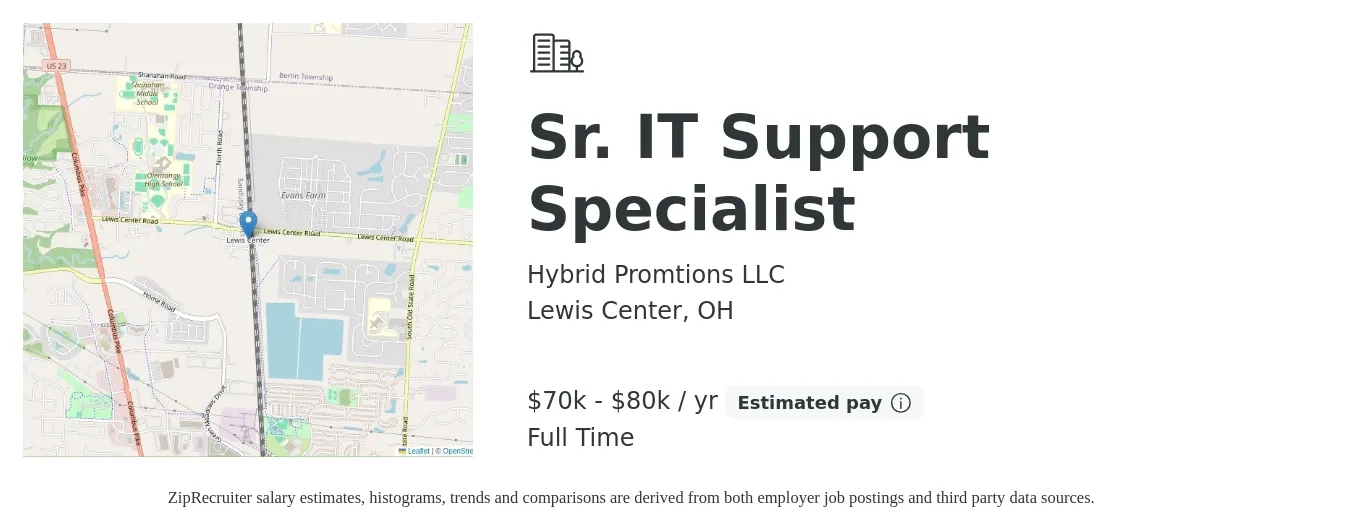Hybrid Promtions LLC job posting for a Sr. IT Support Specialist in Lewis Center, OH with a salary of $70,000 to $80,000 Yearly with a map of Lewis Center location.