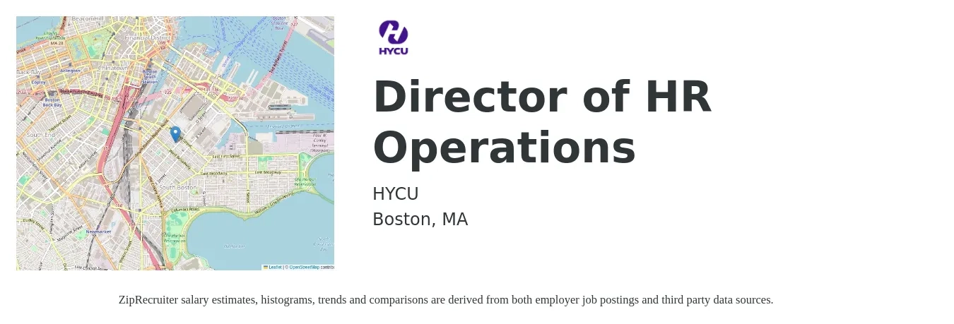 HYCU job posting for a Director of HR Operations in Boston, MA with a salary of $84,300 to $144,700 Yearly with a map of Boston location.