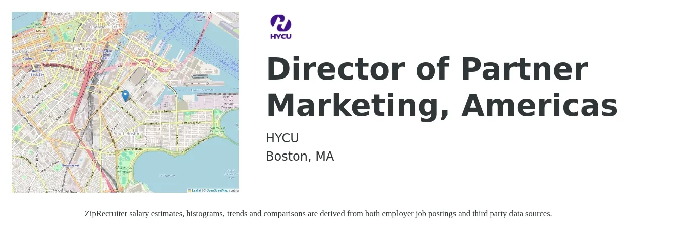 HYCU job posting for a Director of Partner Marketing, Americas in Boston, MA with a salary of $144,100 to $171,300 Yearly with a map of Boston location.