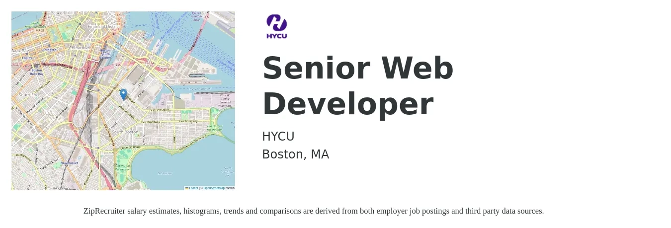HYCU job posting for a Senior Web Developer in Boston, MA with a salary of $99,000 to $143,000 Yearly with a map of Boston location.