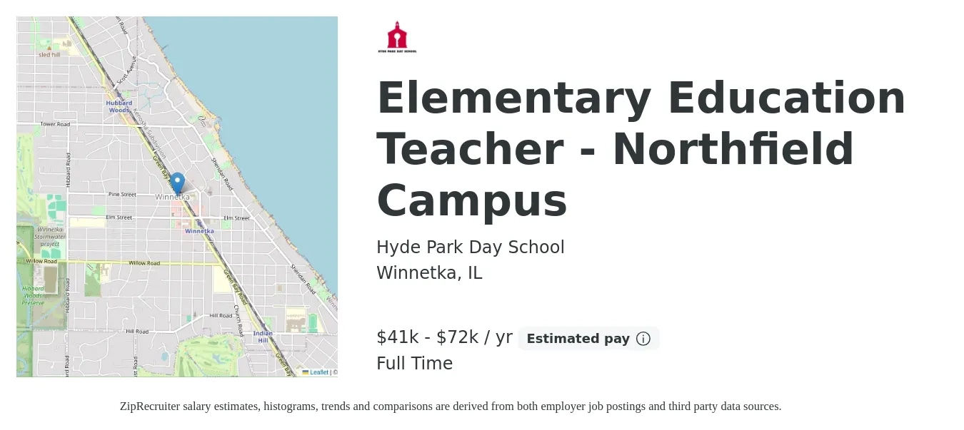 Hyde Park Day School job posting for a Elementary Education Teacher - Northfield Campus in Winnetka, IL with a salary of $41,000 to $72,000 Yearly with a map of Winnetka location.