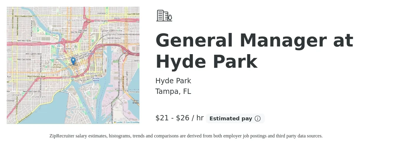 Hyde Park job posting for a General Manager at Hyde Park in Tampa, FL with a salary of $22 to $28 Hourly with a map of Tampa location.