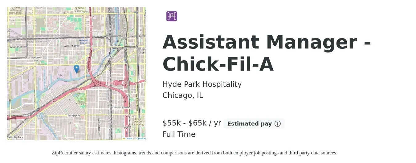 Hyde Park Hospitality job posting for a Assistant Manager - Chick-Fil-A in Chicago, IL with a salary of $50,000 to $60,000 Yearly with a map of Chicago location.