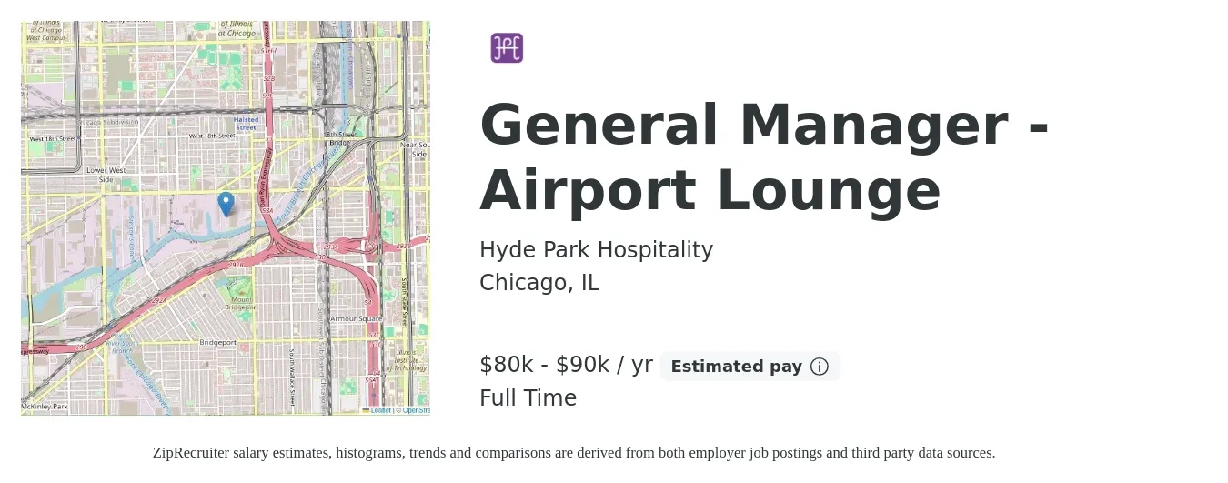 Hyde Park Hospitality job posting for a General Manager - Airport Lounge in Chicago, IL with a salary of $80,000 to $90,000 Yearly with a map of Chicago location.