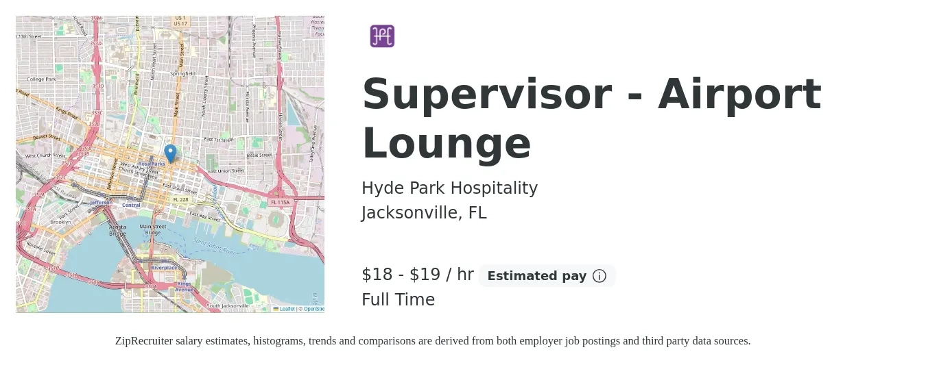 Hyde Park Hospitality job posting for a Supervisor - Airport Lounge in Jacksonville, FL with a salary of $20 to $20 Hourly with a map of Jacksonville location.