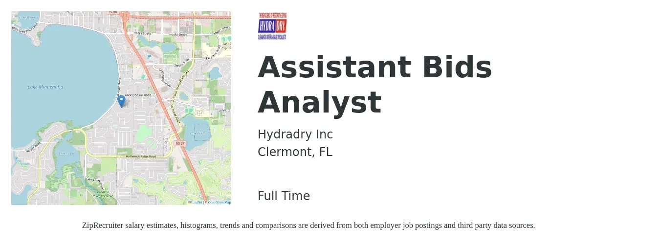 Hydradry Inc job posting for a Assistant Bids Analyst in Clermont, FL with a salary of $43,700 to $74,500 Yearly with a map of Clermont location.
