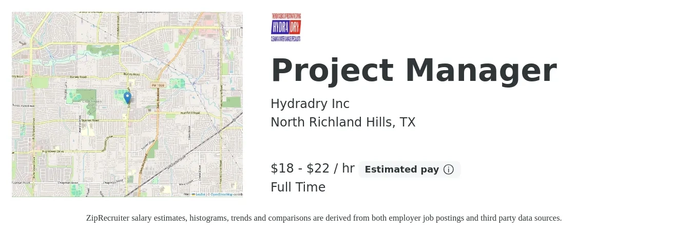 Hydradry Inc job posting for a Project Manager in North Richland Hills, TX with a salary of $19 to $23 Hourly with a map of North Richland Hills location.