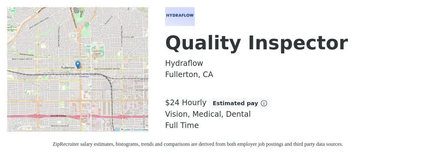 Hydraflow job posting for a Quality Inspector in Fullerton, CA with a salary of $25 Hourly and benefits including dental, life_insurance, medical, pto, retirement, and vision with a map of Fullerton location.