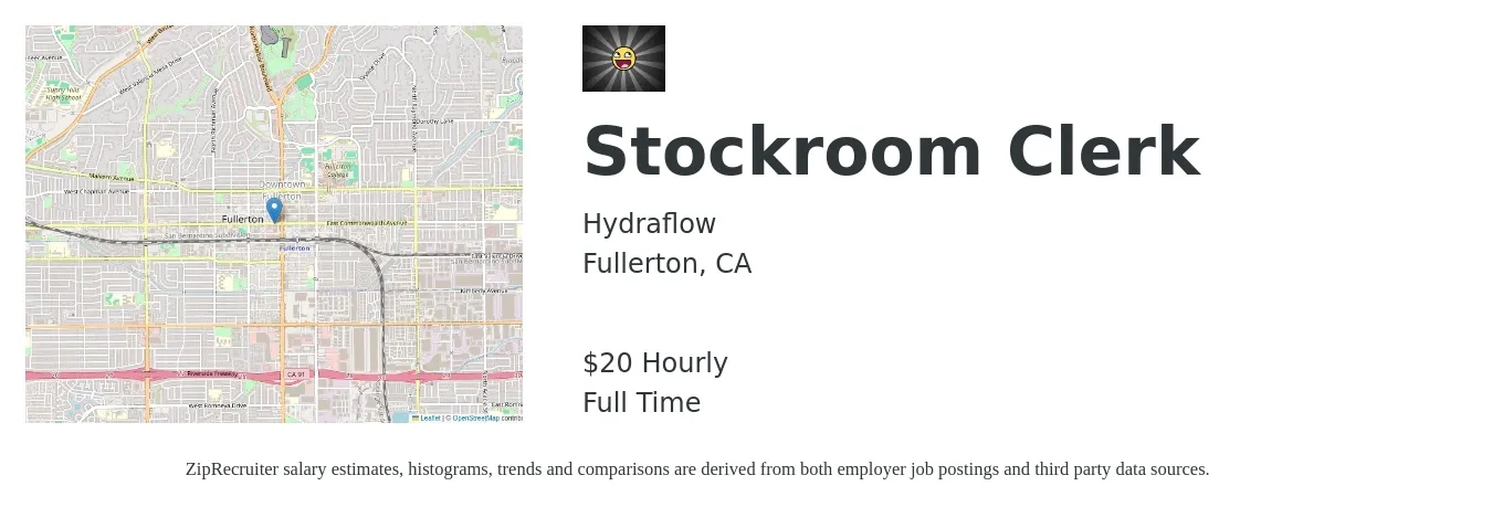 Hydraflow job posting for a Stockroom Clerk in Fullerton, CA with a salary of $21 Hourly and benefits including dental, life_insurance, medical, and vision with a map of Fullerton location.