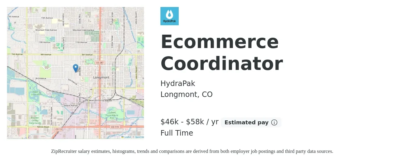 HydraPak job posting for a Ecommerce Coordinator in Longmont, CO with a salary of $20 to $34 Hourly with a map of Longmont location.