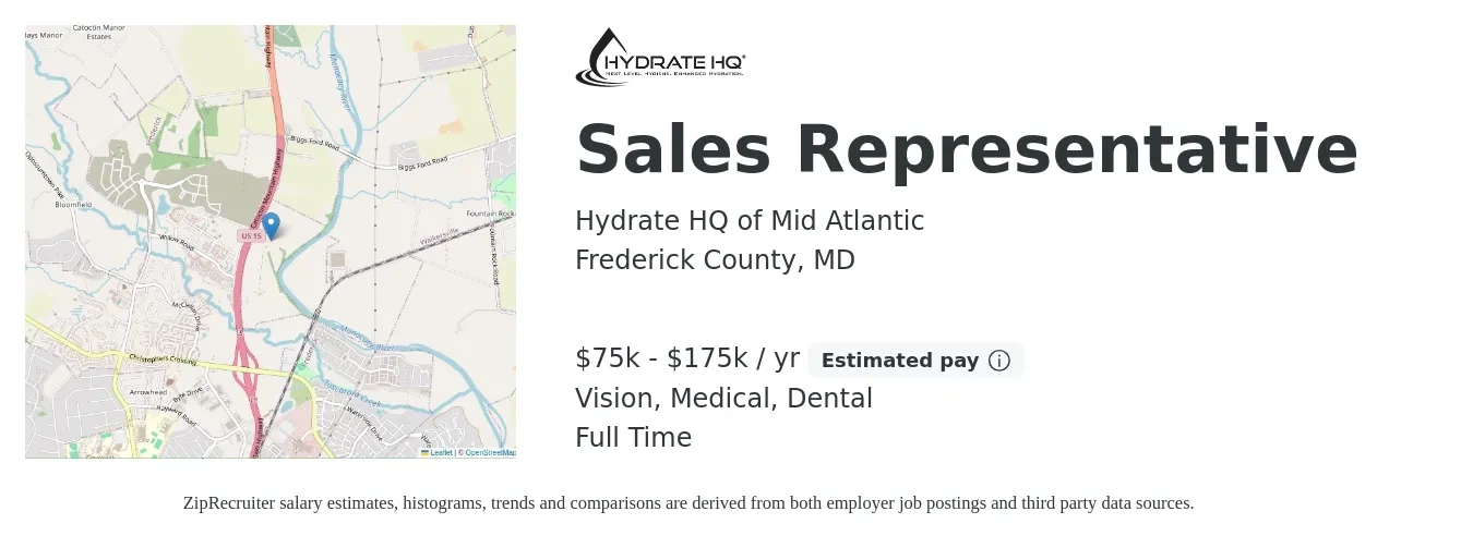 Hydrate HQ of Mid Atlantic job posting for a Sales Representative in Frederick County, MD with a salary of $75,000 to $175,000 Yearly (plus commission) and benefits including dental, life_insurance, medical, retirement, and vision with a map of Frederick County location.
