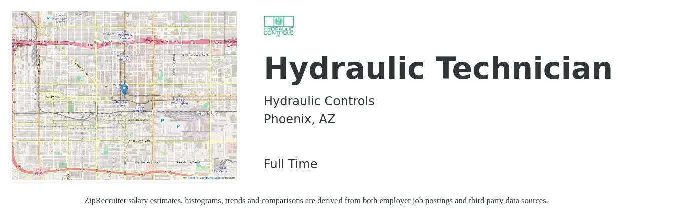 Hydraulic Controls job posting for a Hydraulic Technician in Phoenix, AZ with a salary of $20 to $29 Hourly with a map of Phoenix location.