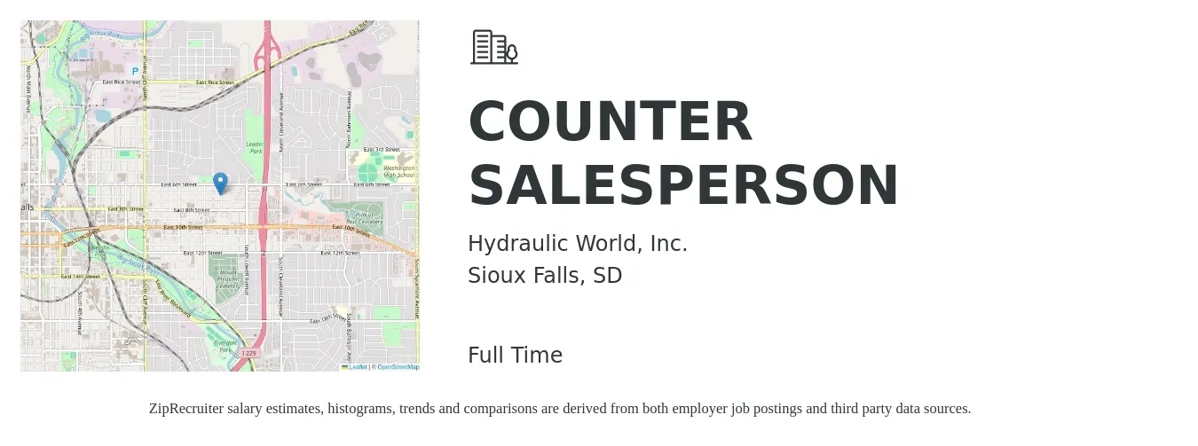 Hydraulic World, Inc. job posting for a COUNTER SALESPERSON in Sioux Falls, SD with a salary of $16 to $21 Hourly with a map of Sioux Falls location.