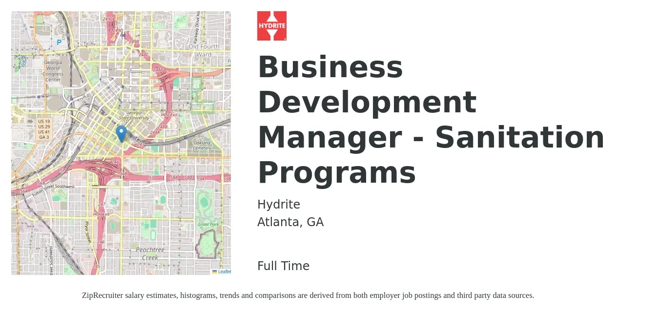 Hydrite job posting for a Business Development Manager - Sanitation Programs in Atlanta, GA with a salary of $58,700 to $96,200 Yearly with a map of Atlanta location.