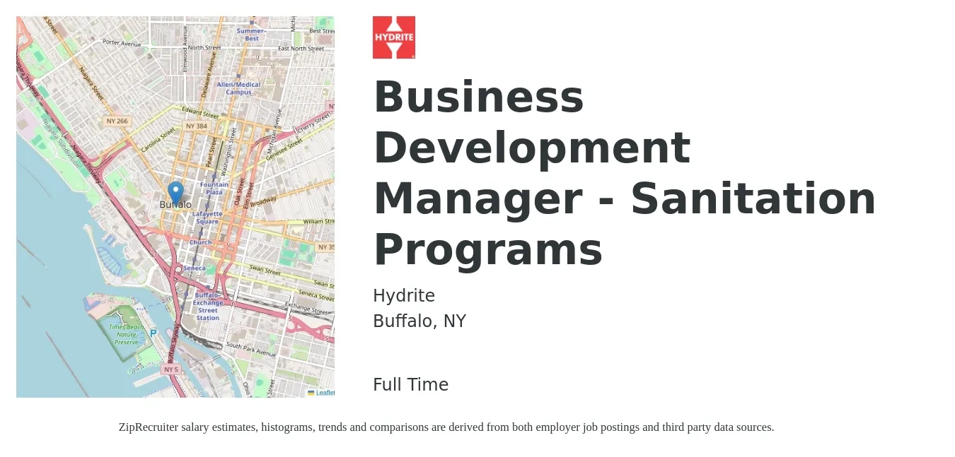 Hydrite job posting for a Business Development Manager - Sanitation Programs in Buffalo, NY with a salary of $59,100 to $96,900 Yearly with a map of Buffalo location.