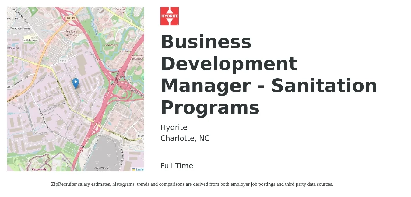 Hydrite job posting for a Business Development Manager - Sanitation Programs in Charlotte, NC with a salary of $59,600 to $97,700 Yearly with a map of Charlotte location.