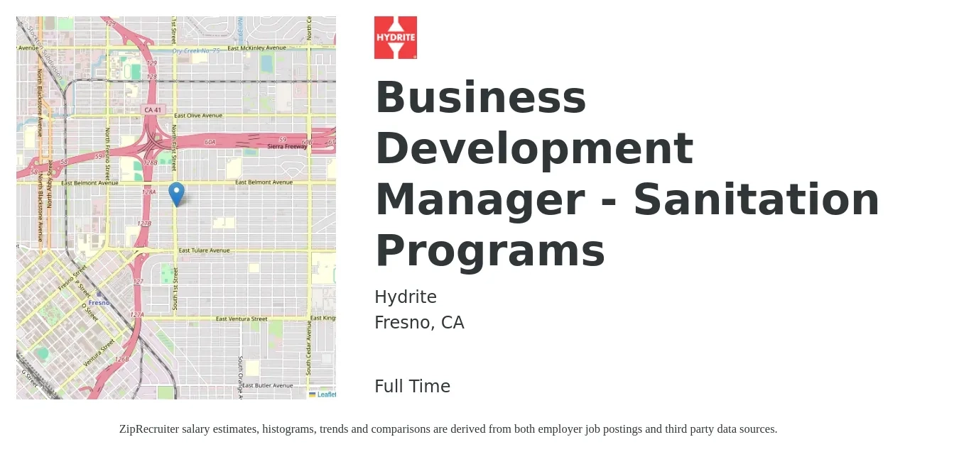 Hydrite job posting for a Business Development Manager - Sanitation Programs in Fresno, CA with a salary of $60,600 to $99,300 Yearly with a map of Fresno location.