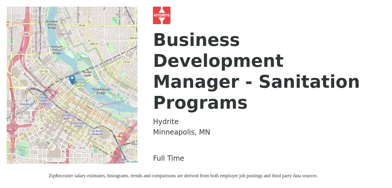 Hydrite job posting for a Business Development Manager - Sanitation Programs in Minneapolis, MN with a salary of $63,700 to $104,400 Yearly with a map of Minneapolis location.