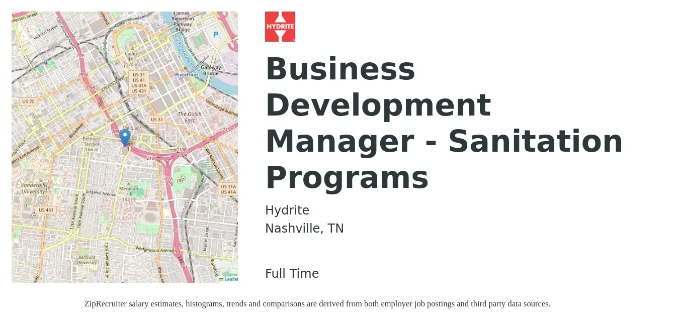 Hydrite job posting for a Business Development Manager - Sanitation Programs in Nashville, TN with a salary of $58,900 to $96,600 Yearly with a map of Nashville location.