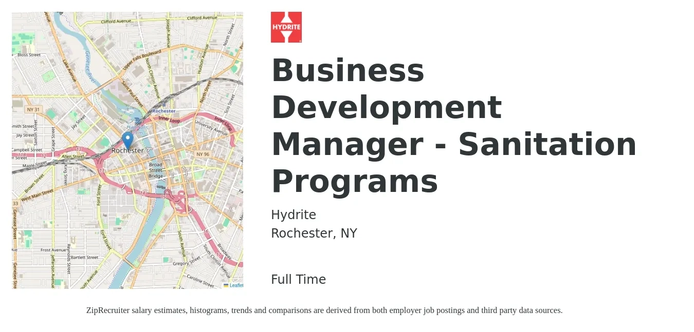 Hydrite job posting for a Business Development Manager - Sanitation Programs in Rochester, NY with a salary of $60,200 to $98,700 Yearly with a map of Rochester location.