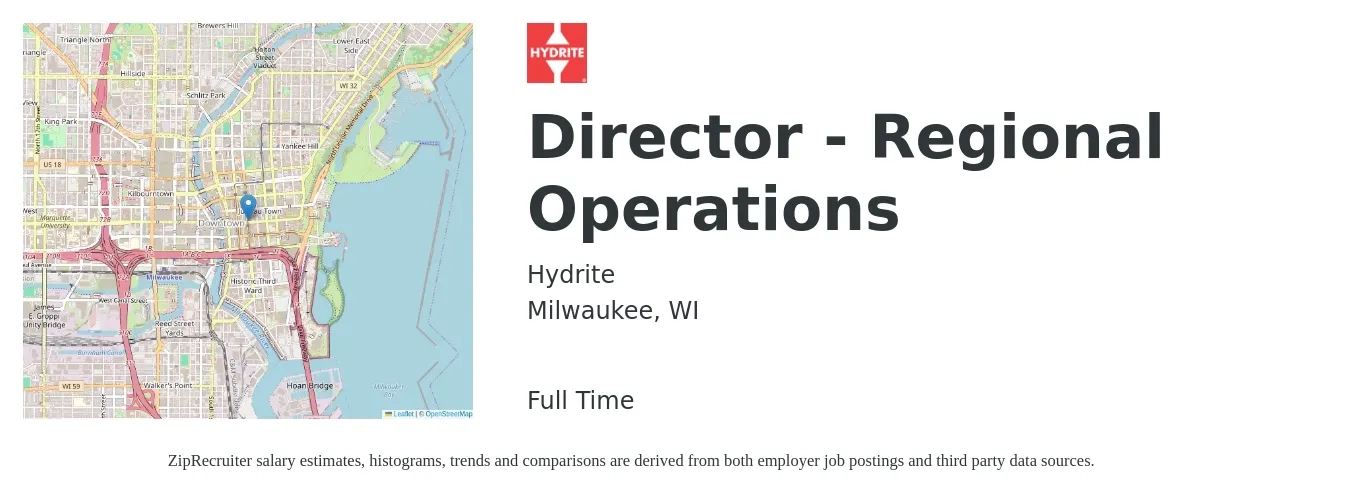 Hydrite job posting for a Director - Regional Operations in Milwaukee, WI with a salary of $94,100 to $138,900 Yearly with a map of Milwaukee location.