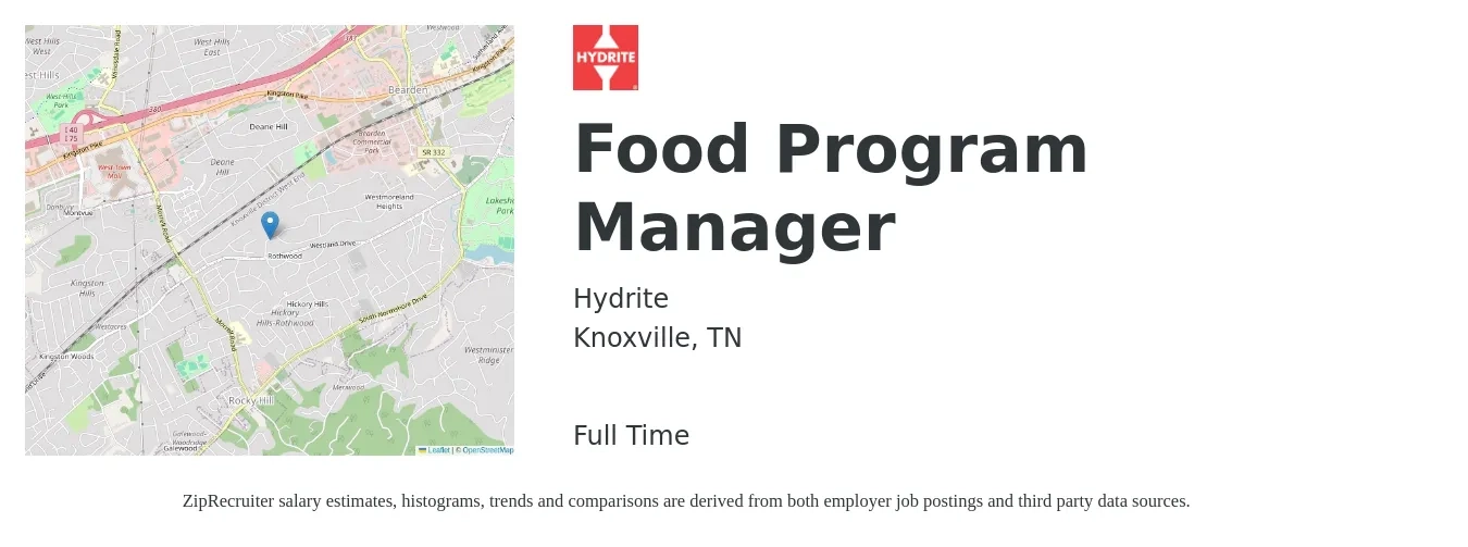 Hydrite job posting for a Food Program Manager in Knoxville, TN with a salary of $16 to $26 Hourly with a map of Knoxville location.