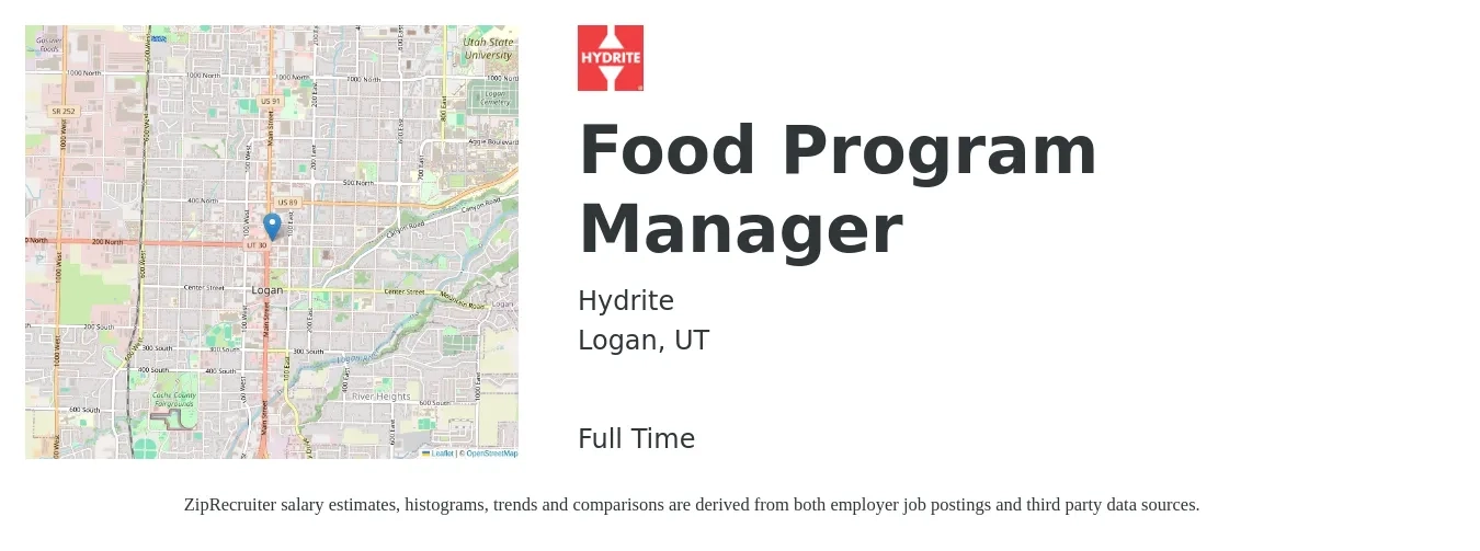 Hydrite job posting for a Food Program Manager in Logan, UT with a salary of $16 to $25 Hourly with a map of Logan location.