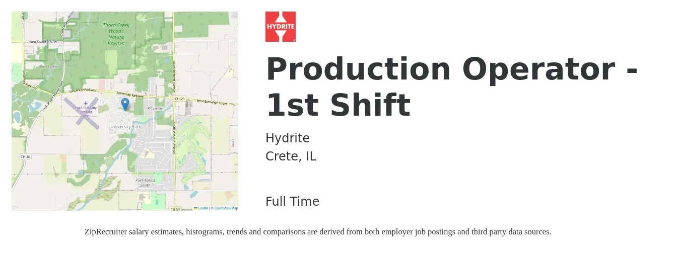 Hydrite job posting for a Production Operator - 1st Shift in Crete, IL with a salary of $16 to $20 Hourly with a map of Crete location.