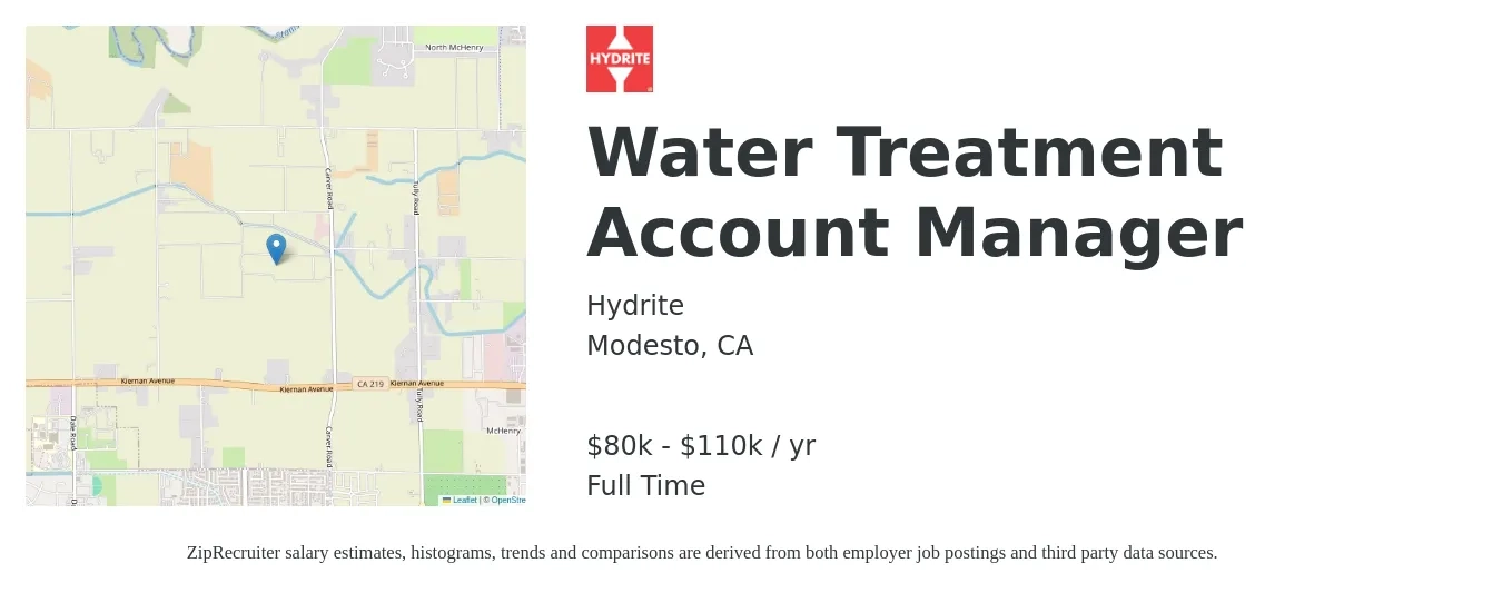 Hydrite job posting for a Water Treatment Account Manager in Modesto, CA with a salary of $80,000 to $110,000 Yearly with a map of Modesto location.