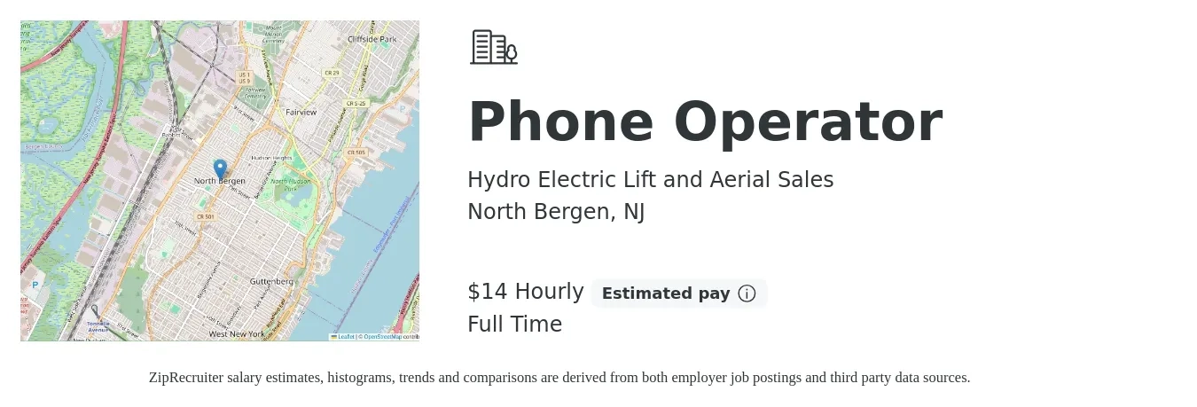 Hydro Electric Lift and Aerial Sales job posting for a Phone Operator in North Bergen, NJ with a salary of $15 Hourly and benefits including pto with a map of North Bergen location.