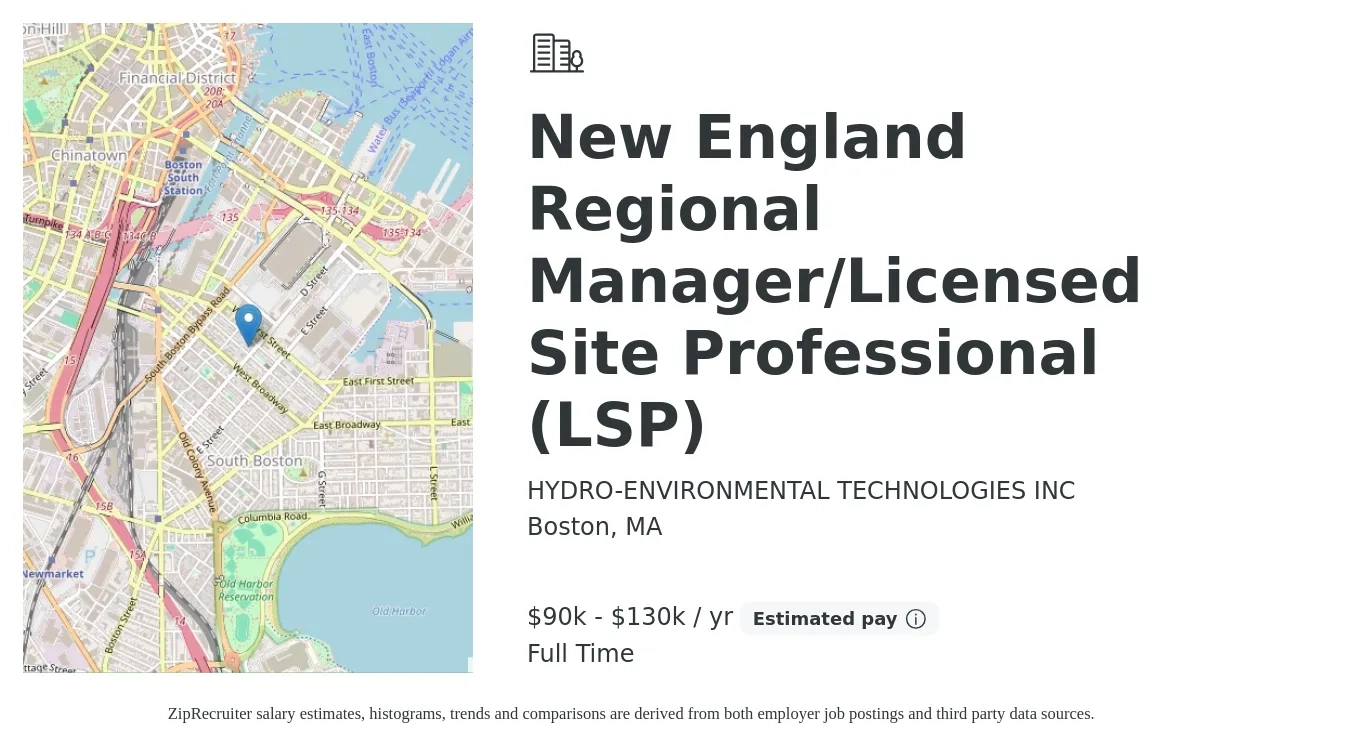 HYDRO-ENVIRONMENTAL TECHNOLOGIES INC job posting for a New England Regional Manager/Licensed Site Professional (LSP) in Boston, MA with a salary of $90,000 to $130,000 Yearly with a map of Boston location.