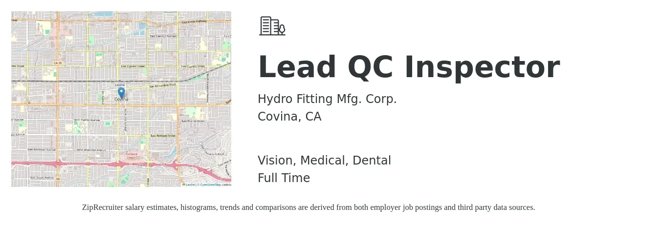 Hydro Fitting Mfg. Corp. job posting for a Lead QC Inspector in Covina, CA with a salary of $19 to $26 Hourly and benefits including dental, life_insurance, medical, pto, and vision with a map of Covina location.