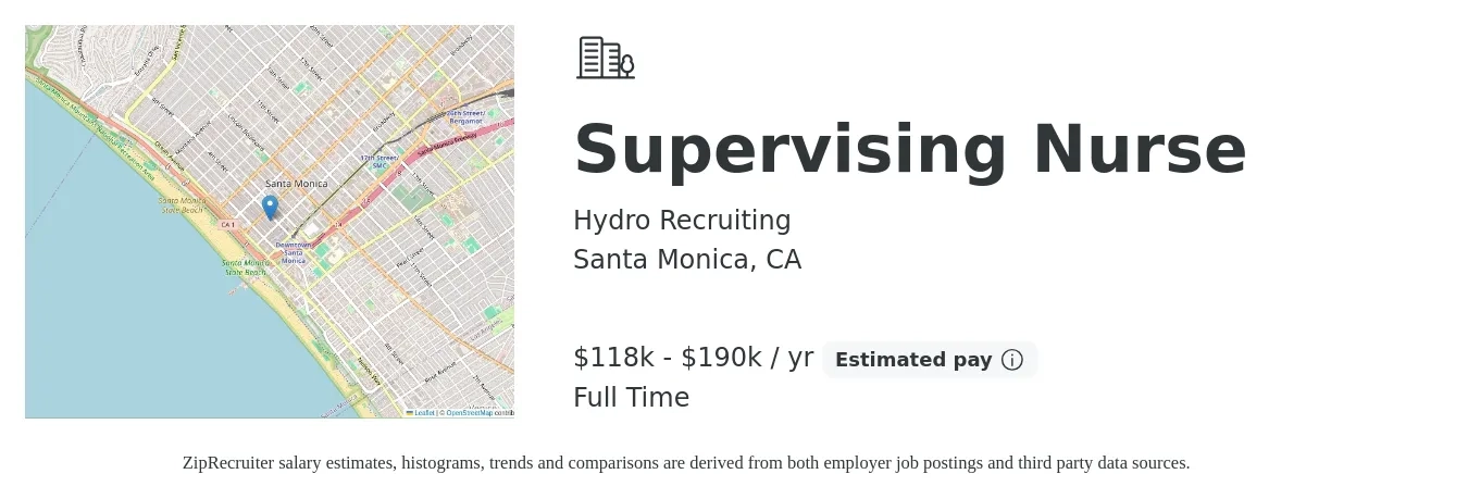 Hydro Recruiting job posting for a Supervising Nurse in Santa Monica, CA with a salary of $118,000 to $190,000 Yearly with a map of Santa Monica location.
