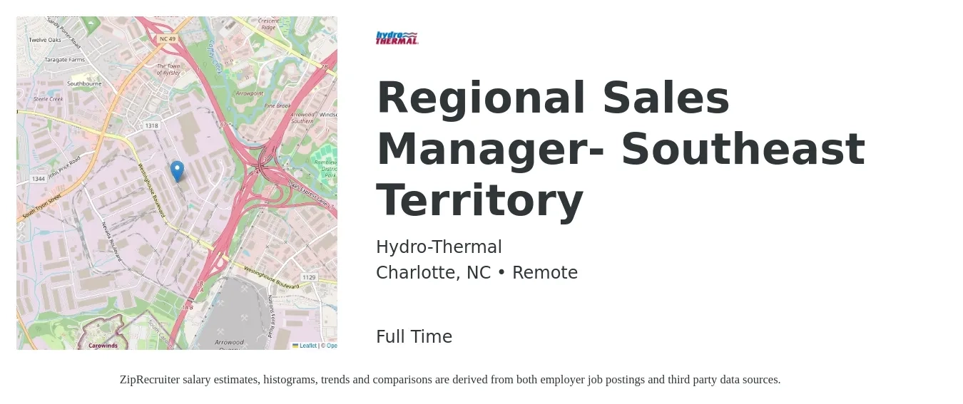 Hydro-Thermal job posting for a Regional Sales Manager- Southeast Territory in Charlotte, NC with a salary of $70,300 to $109,900 Yearly with a map of Charlotte location.